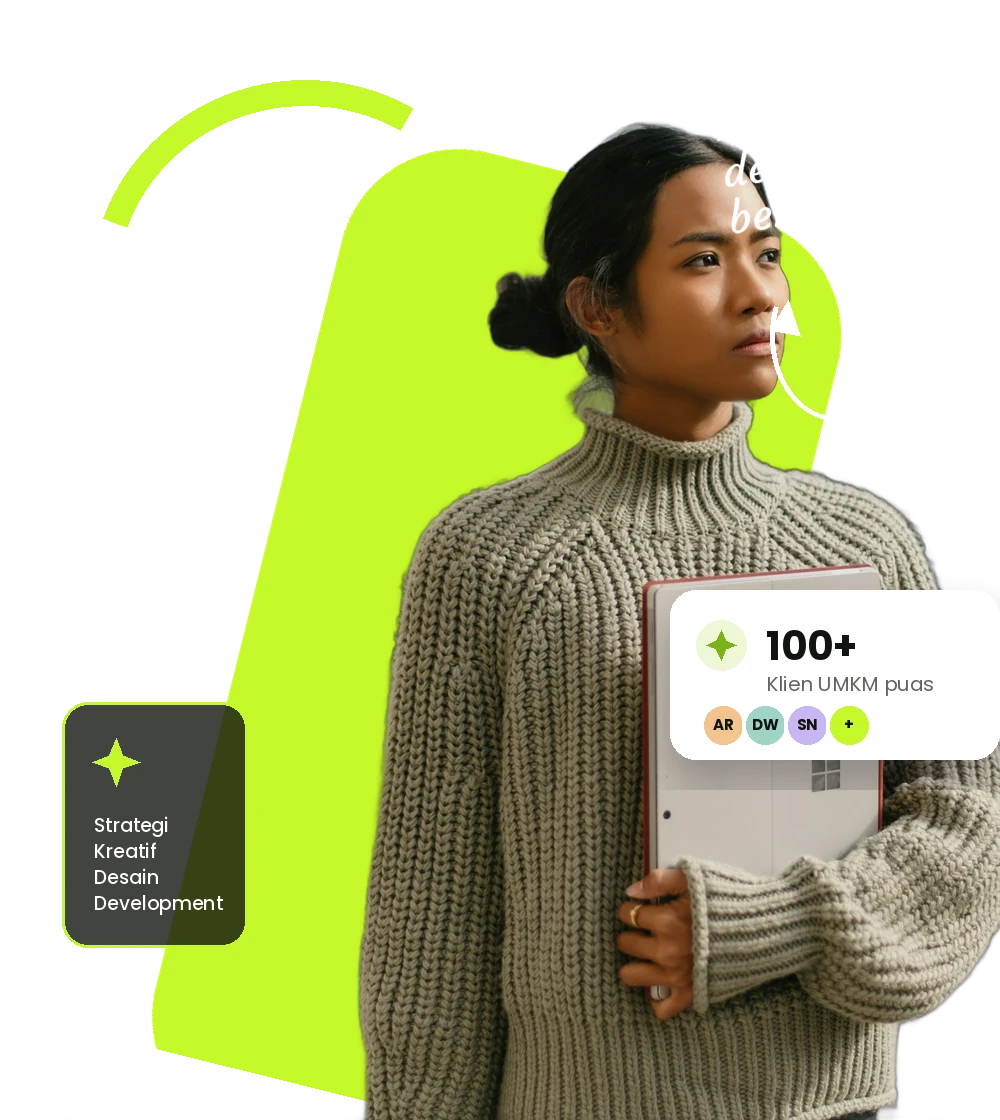 Desainer Rekacipta memegang laptop di depan bentuk hijau lime; foto stok ilustrasi