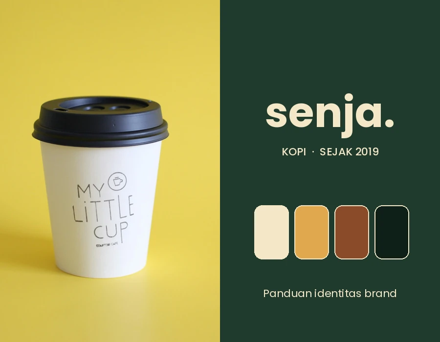 Mockup proyek contoh Identitas Brand Kopi Senja